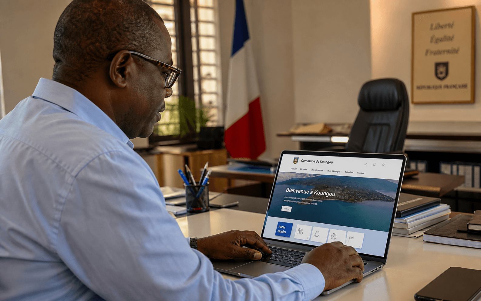 Élu mahorais consultant le site web de sa commune sur un ordinateur portable dans son bureau de mairie